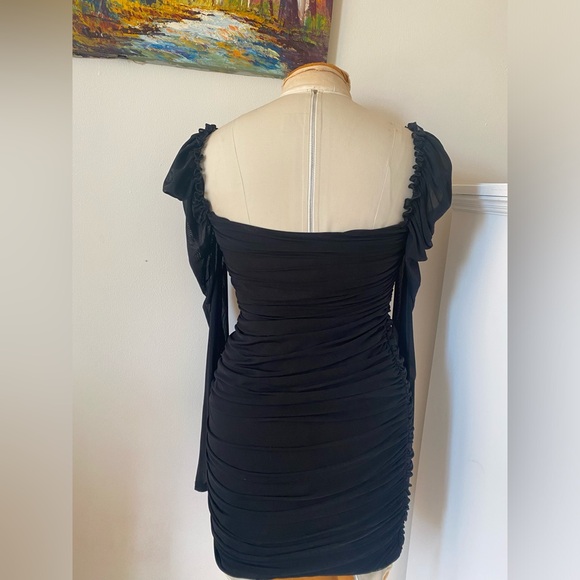 Black Frill Trim Gigot Sleeve Ruched Mesh Overlay Short Dress - Picture 8 of 8